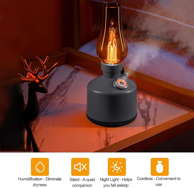 Humidifier Vintage Lantern with Lamp, Kerosene Lamp Shaped Quiet Home Humidifier, Aromatherapy Diffuser, 2 Mist Settings, Stepless Dimming, 260ML (Grey) - Image 2