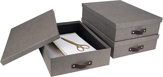 Bigso Oskar Canvas Fiberboard Document Letter Box - File Organizer Box for Important Paperwork - Document Storage with a Lid & Leather Handle - 3.3 in x 10.2 in x 13.8 in - Gray (Pack of 2) - Image 2