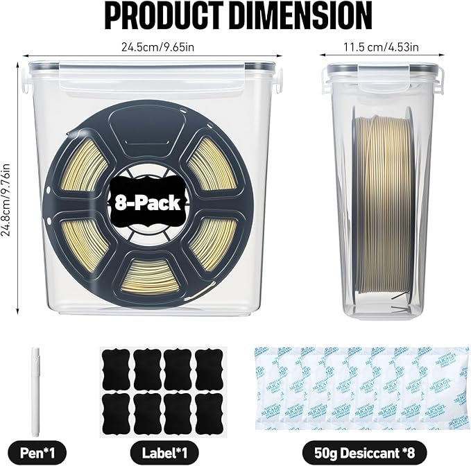 8 Pack 3D Printer Filament Storage Box - Portable Sealed Filament Container 4.0 L Water-Proof & Dust-Proof with Desiccant, Tag, Pen for Studio Office Workshop Home, Only Case Set - Image 2