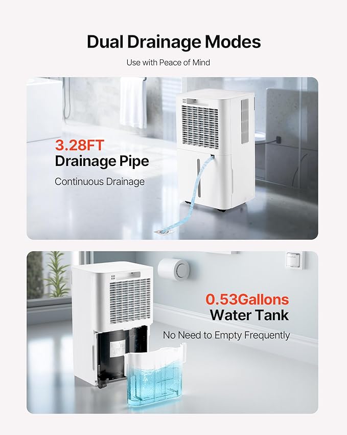 VEVOR 35 Pints Dehumidifier for Home & Basement, 2500 Sq.Ft Coverage, Drain Hose for Commercial & Industrial Use, Smart Humidity Control, Low Noise for Large Rooms, Warehouses, Bedrooms & Storage - Image 6
