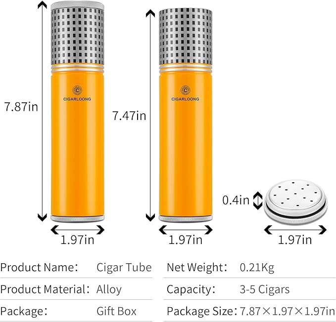 Travel Cigar Humidor Case/Box Metal Portable Air Tight Lid Smell Proof Cigar Case Tube Built in Humidifier for Humidity Control, Humidor That can Hold About 3-5 Cigars with Gift Box (Yellow) - Image 7