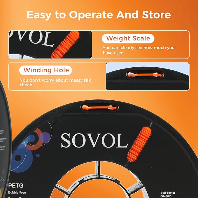 Sovol 3D Printer PETG Filament 1.75mm 1KG (2.2lbs), High Precision, Strong Toughness, Wiring Tightness, Dimensional Accuracy +/- 0.03 mm, 3D Printing PETG Filaments, Orange - Image 7