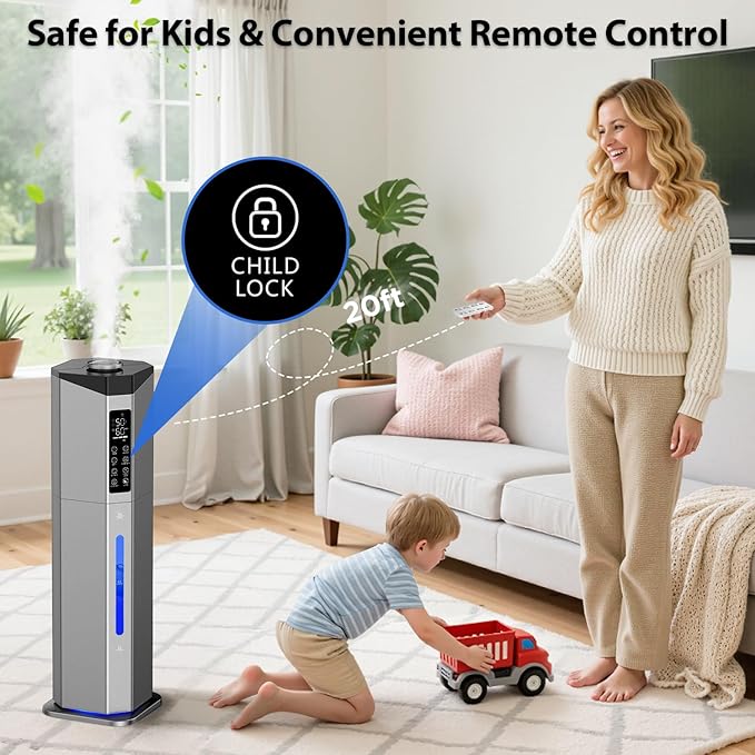 Humidifiers for Bedroom - GloryAir 2.38Gal/9L Dual Atomizers Top Fill Humidifier for Large Room 2000ft² with Auto Rotation 7-Color Light Humidistat Quiet Commercial Humidifiers for House Plants Baby - Image 7