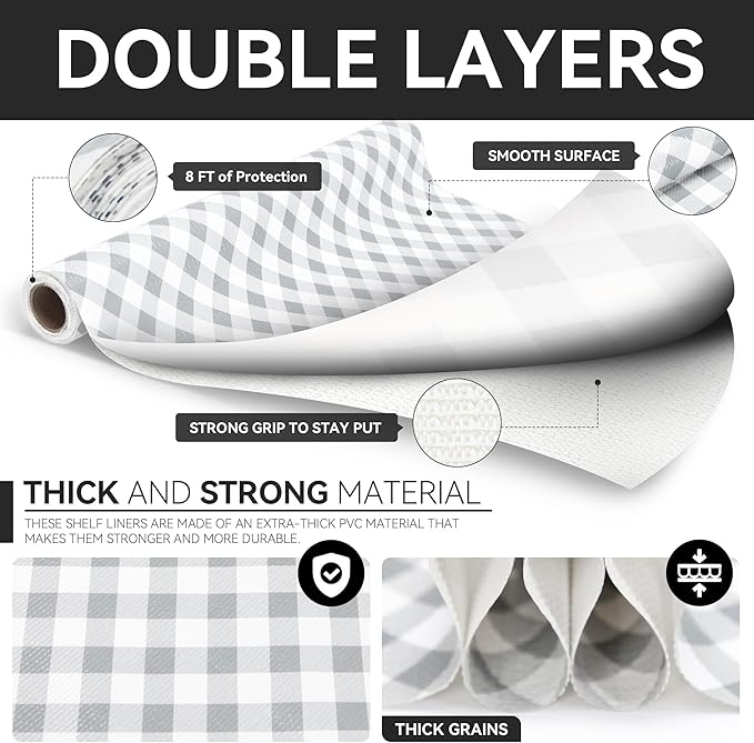 RAY STAR Shelf Liners for Kitchen Cabinets Non-Adhesive, 18 Inch X 8 Feet Cabinet Liners for Shelves Waterproof Non Slip Grip Bottom Drawer Pantry Liner Gingham Checkered Grey (2 Rolls) - Image 7