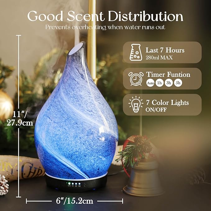 Porseme 280ml Essential Oil Diffuser Glass Color Changing Aroma Air Diffusers Aromatherapy Ultrasonic Cool Mist Humidifier 7 Running Hours Waterless Auto-Off for Sleeping, Yoga, Office, Spa (Obsidian) - Image 3