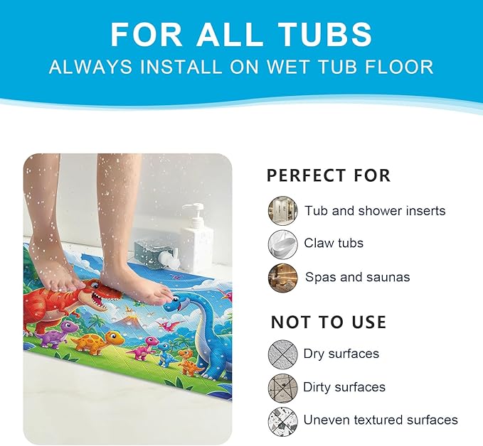 XIYUNTE Baby Bath Mat for Tub Non Slip Kids Bath Mat - 40''x16'' Extra Long Cartoon Bathtub Mat Non Slip Kids Shower Mat Eco-Friendly Toddler Bath Mats with Suction Cups, Machine Washable, Dinosaur - Image 6
