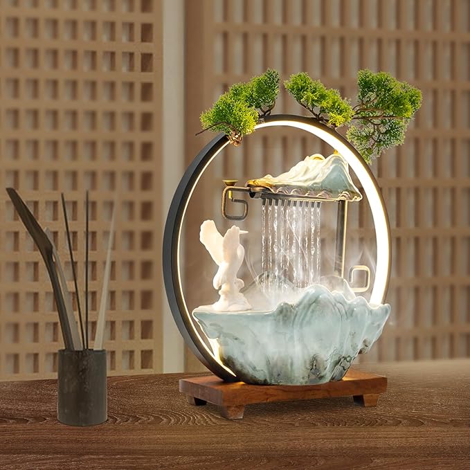 15In White Crane Water Fountain Waterfall Indoor Tabletop Decration Humidifier with LED Light, Atomizer Circulating Water, Japanese Zen Decor Meditation Feng Shui Decor Festival Birthday Gift - Image 6