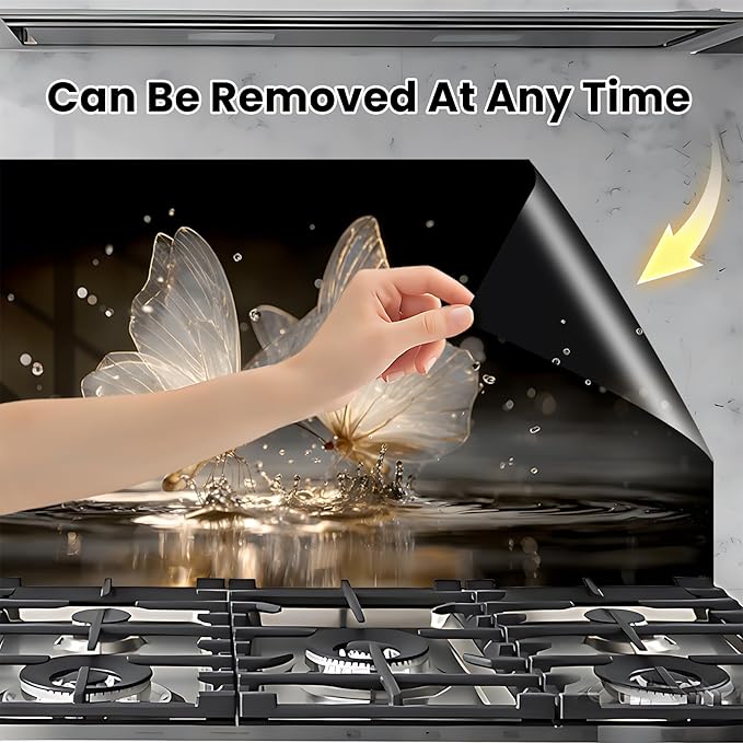 NYZE Kitchen Backsplash Stickers Waterproof Stove Backsplash Protector, 30 X 16 inch Removable Kitchen Wallpaper with Wall Art Decor for Stove Cooking Area(Transparent Butterflies) - Image 4