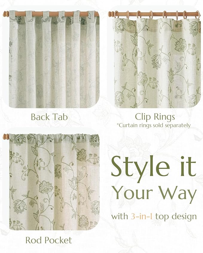 jinchan Linen Curtains Floral Curtain 84 Inch Length for Living Room Bedroom Light Filtering Rod Pocket Back Tab Jacobean Curtains Flax Linen Texture Window Drapes Set 2 Panels Green on Linen - Image 5