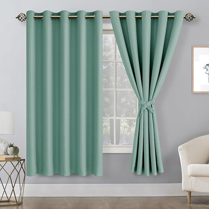 Hiasan Blackout Curtains for Bedroom, 60 x 63 Inches Length - Thermal Insulated & Noise reducing Window Curtains for Living Room, 2 Drape Panels Sewn with Tiebacks, Sage Green - Image 2