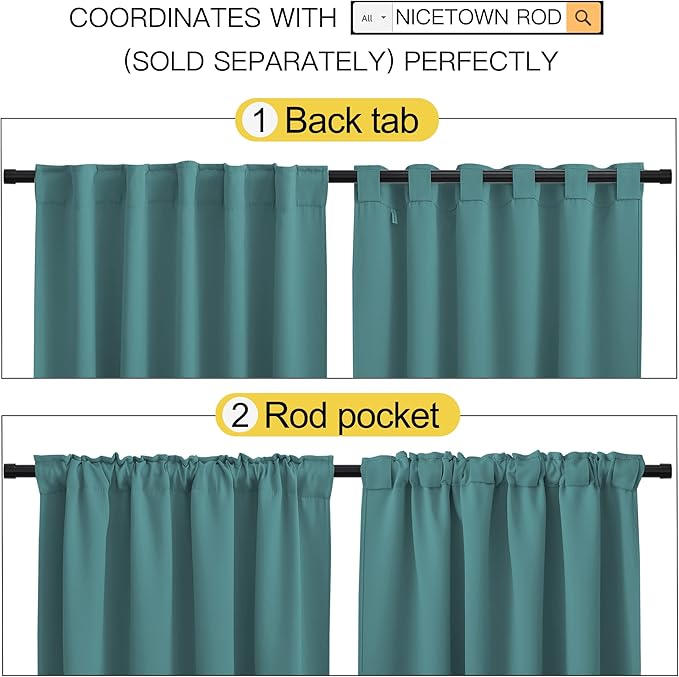 NICETOWN Bedroom Curtains Blackout Panels - (Sea Teal) 52 inches x 63 inches, Double Panels, Thermal Insulated Rod Pocket/Back Tab Blackout Curtains for Dining Room Window - Image 4