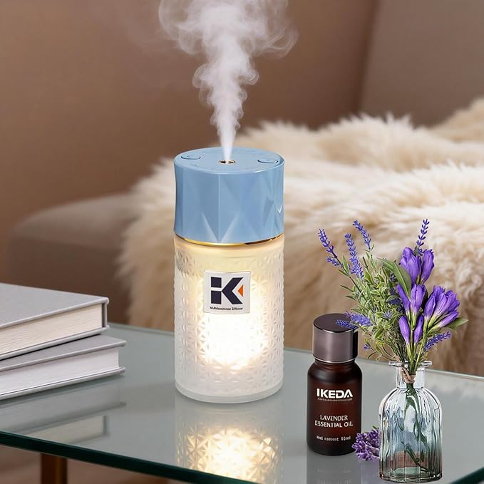 Essential Oil Diffuser, 35 Million Negative Ions Fresh Air, Glass Oil Diffuser with Warm Night Light, Auto Shut-Off, 250ml Ultrasonic Cool Mist Humidifier for Home,Car,Spa,Yoga (Blue, Lavender) by ikedafragrance