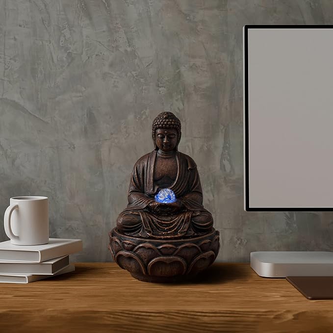 Pure Garden Indoor Tabletop Water Fountain - Sitting Buddha Statue with Rolling Glass Ball, Multi-Colored LED Lights, Electric Pump & Soothing Sounds, Durable, Natural Humidifier - Home, Office Decor - Image 7