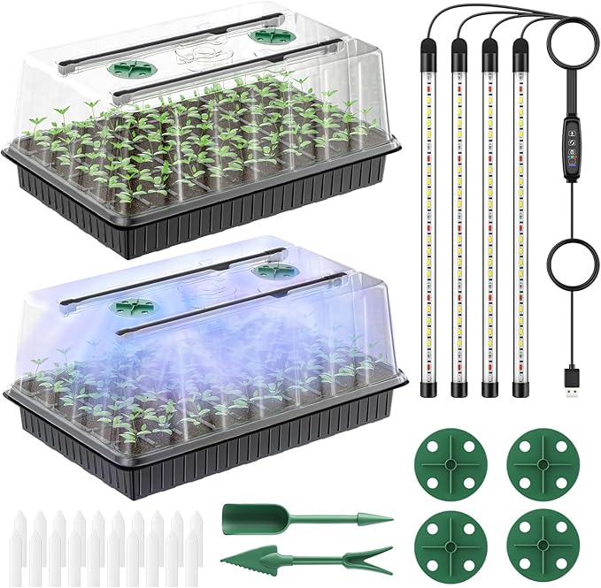 Pawfly 2 Pack Seed Starter Kit, 120 Cells, Seed Starter Trays with Adjustable Grow Light Bars & 4" Humidity Domes, Indoor Seedling Starter Trays, Reusable Plant Germination Trays, Seed Starting Trays by Pawfly