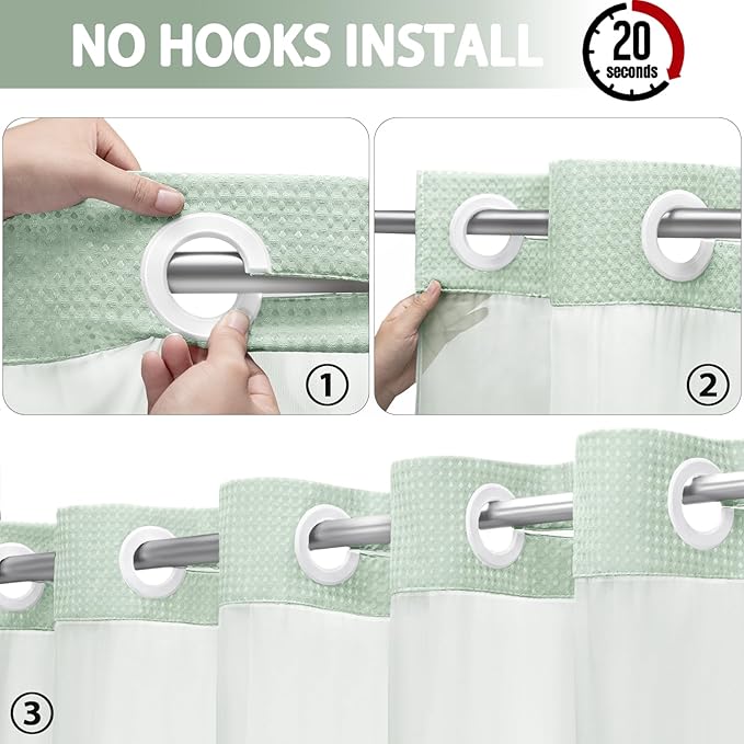 No Hook Shower Curtain and Liner Set,Mint Green Hotel Waffle Shower Curtain with Liner 75" L x 72" W - Image 2