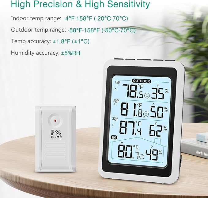 ORIA 3 Sensor Wireless Indoor Outdoor Thermometer Hygrometer, Digital Temperature Humidity Monitor with Backlit Display, Min/Max Records, Celsius/Fahrenheit Switch for Home, Garden, Greenhouse - Image 5