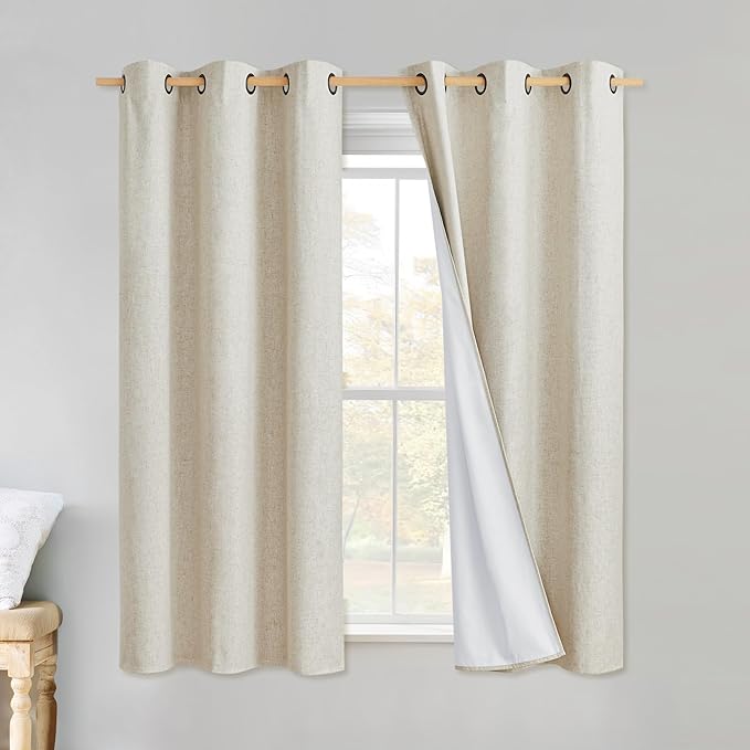 NICETOWN Linen Blackout Curtains for Kitchen, Beige, 2 Panels, 34" Wide x 48" Long, Short Kitchen Burlap Linen 100% Blackout Drape Panels for Night Shift, Great Job for Blocking Light by NICETOWN