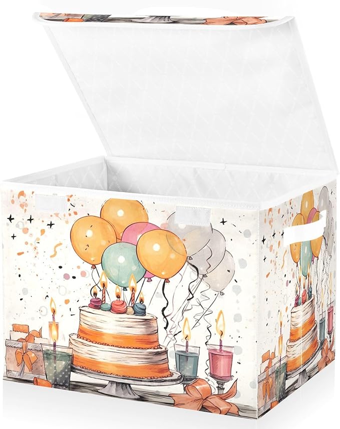 xigua Happy Birthday Pattern Storage Bins with Lids and Carrying Handle,Foldable Storage Boxes Organizer Containers Baskets Cube with Cover for Home Bedroom Closet Office - Image 2