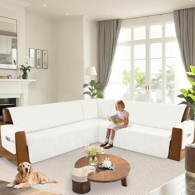 Arfntevss Waterproof Sectional Couch Covers L Shape Washable Velvet Sofa Cover for Sectional Non Slip Large Corner Slipcovers Dog 6 Pcs Universal U Shaped Furniture Protector (Cream White, Large) - Image 6