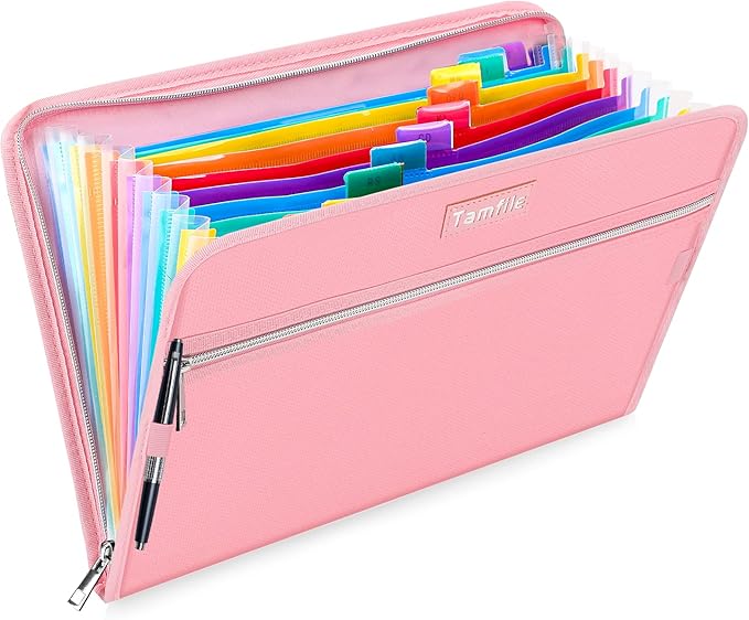 Fireproof Safe Accordion File Organizer Bag Folder,Waterproof Expanding Filing Folder with 14 Pockets, A4 Letter Size, Document Organizer Holder and Color Labels /2 Zipper (Pink 14.3" x 9.8") by Tamfile