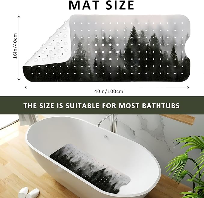 Misty Forest Bathtub Mat Non Slip, Baby Bath Mat for Tub Rubber Tub Mat, Kids Bath Mats for Bathroom Nature Trees Anti Slip Shower Mat with Suction and Drain Holes Machine Washable, 40″X16″ - Image 3