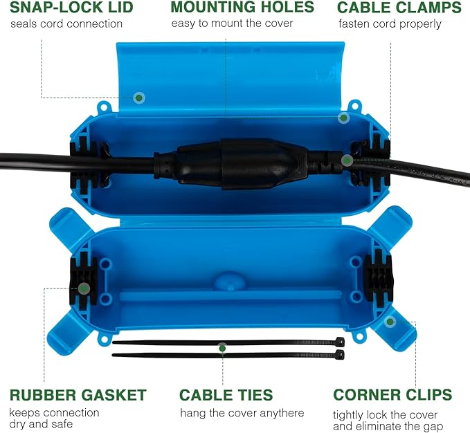 Flemoon [3 Pack] Outdoor Extension Cord Cover, IPX4 Waterproof Box and Safety Housing Case, Ideal to Protect Outdoor Plugs, Electrical Connections, Holiday Decoration Lights, Size Small, Blue - Image 2