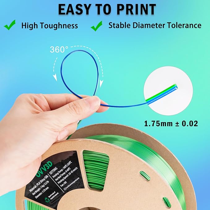 OVV3D PLA Filament 1.75mm, Silk PLA Dual Color Blue Green 3D Printer Filament, High Speed 3D Printing Filament，Silk Blue Green Filament 1.75mm+ /- 0.02mm，1 kg - Image 5