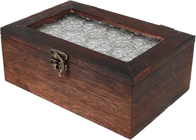 Wooden Jewelry Box with Glass Lid, Small Rustic Jewelry Display Case Storage Organizer for Home, Trinket Chest Box with Dustproof Cover for Rings, Bracelets, Makeup Accessories by WATIIFUFU