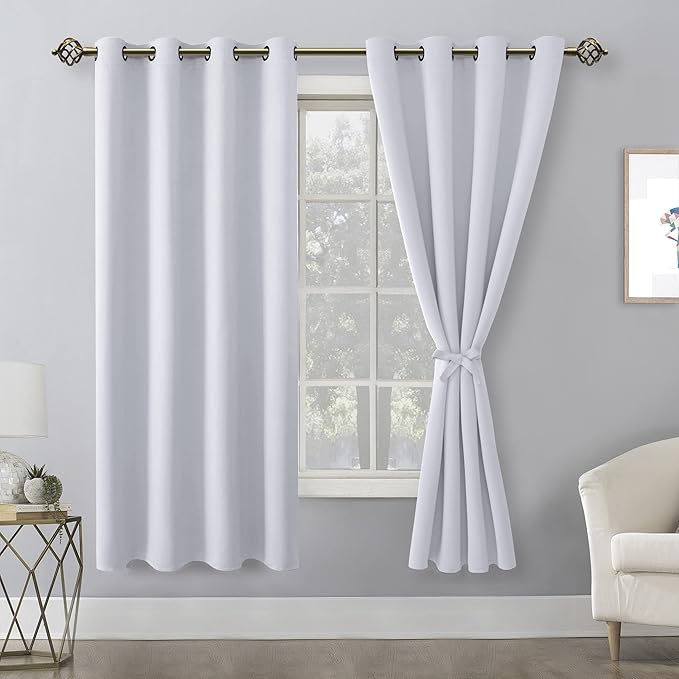 Hiasan Blackout Curtains for Bedroom, 52 x 63 Inches Length - Thermal Insulated & Energy Saving Window Curtains for Living Room, 2 Drape Panels Sewn with Tiebacks, Greyish White - Image 2