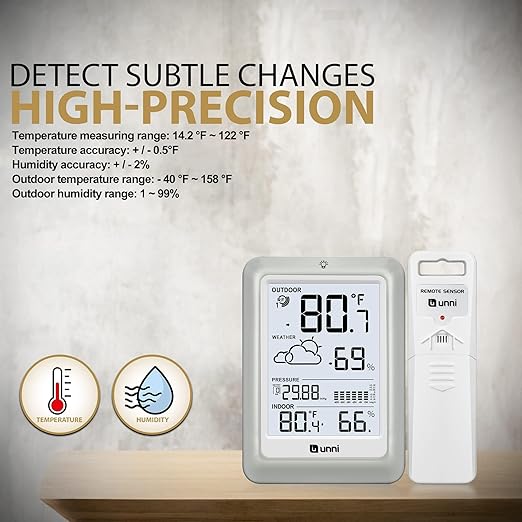 Wireless Weather Stations, with 330ft Range Sensor and Adjustable Backlight Inside Outside Monitor (White) - Image 6