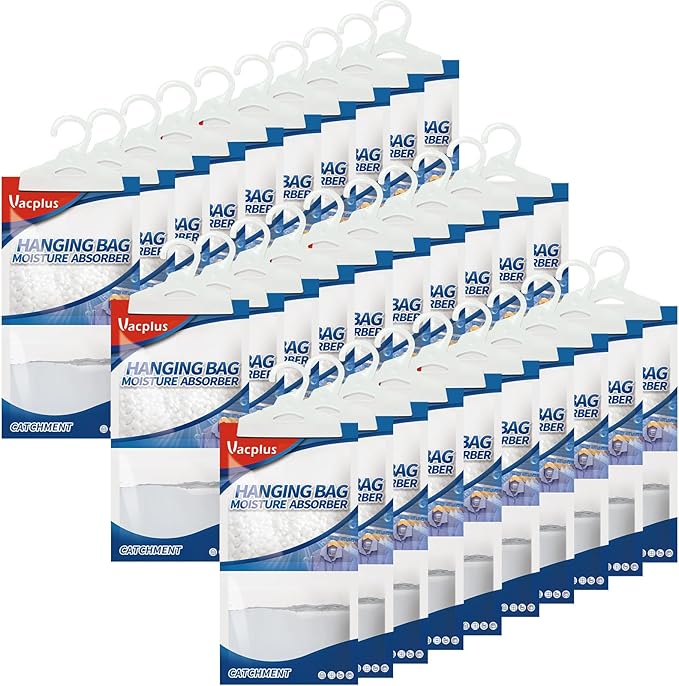 Vacplus Moisture Absorbers 30 Pack, Fragrance Free Hanging Humidity Packs with Sturdy Hook, Effective Closet Dehumidifier for Bathroom, Laundry Room, Basement, 9.8Oz by Vacplus