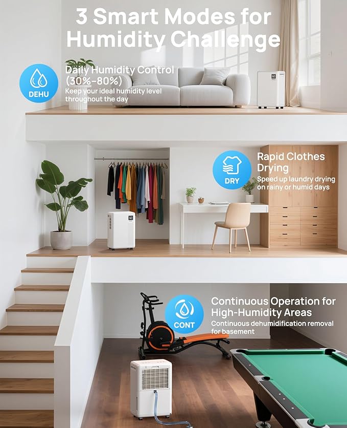 30 Pint Dehumidifier for Basement, 2500 Sq. Ft Dehumidifiers for Home with Drain Hose, 3 Modes, Smart Humidity Control, 24H Timer, 0.52 Gal Water Tank, for Whole House, Bedroom, Bathroom, Garage, Rv - Image 5