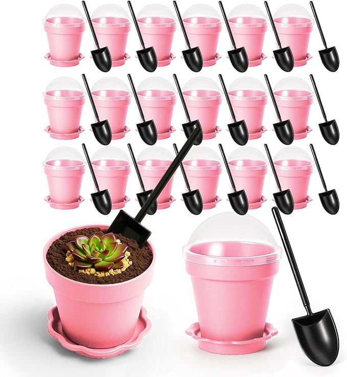 20 Pcs Nursery Pots with Humidity Dome, Cupcake Plant Nursery Pots with Bring A Plate and Shovel, Planting Cups for Seeds for Indoor Gardening and Plant Propagation(Pink) by Unknown