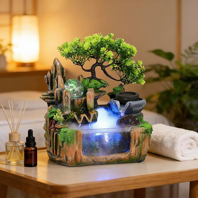 10Inch Bonsai Tree Rock ​Water Fountains Indoor Tabletop Waterfall Humidifier with LED Light and Atomizer Mist, Desktop Decoration Fake Plants Mini Fish Tank Feng Shui Decor Festival Birthday surprise - Image 9