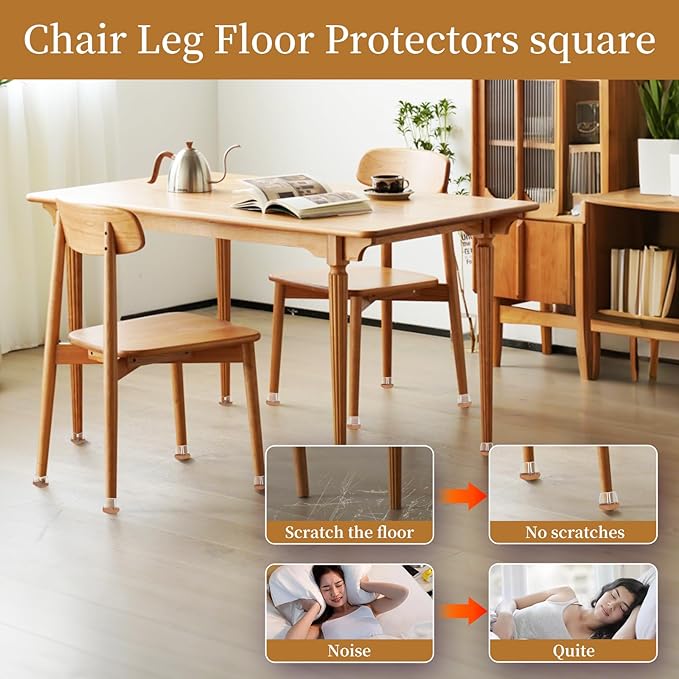 Square Chair Leg Floor Protectors Medium 24Pcs,Silicone Chair Leg Protectors for Hardwood Floors/Tiles,Clear 360°Wrapped Felt Bottom to Prevent Scratch and Reduce Noise - Image 5