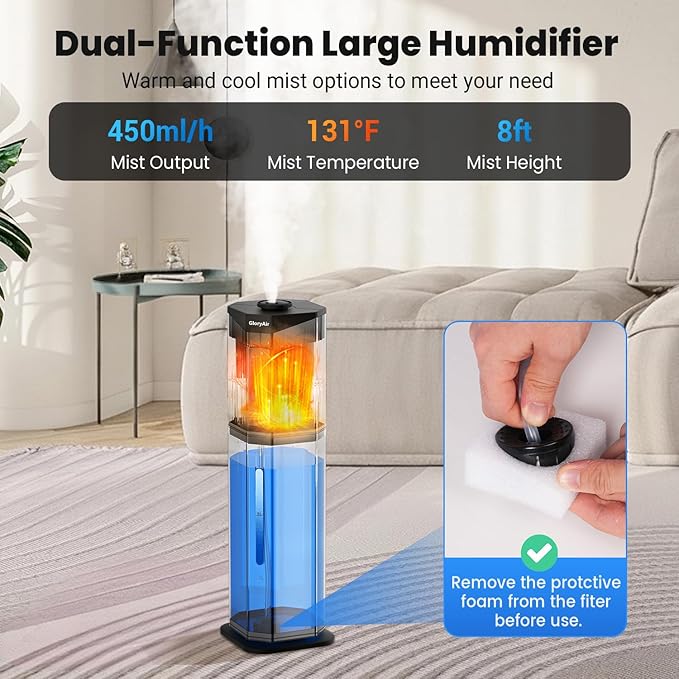 Humidifiers for Bedroom - GloryAir 2.38Gal/9L Top Fill Warm & Cool Mist Humidifier for Large Room 750ft² with Auto Mode 7-Color Light, Humidistat, Quiet Humidifier for Plants Baby Adults Home & Office - Image 3