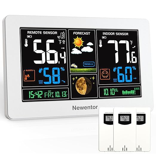 Newentor Weather Station Wireless Indoor Outdoor Thermometer, Color Display Digital Weather Thermometer with Atomic Clock, Barometric Pressure, Forecast Station with Adjustable Backlight,White,3Sensor by Newentor