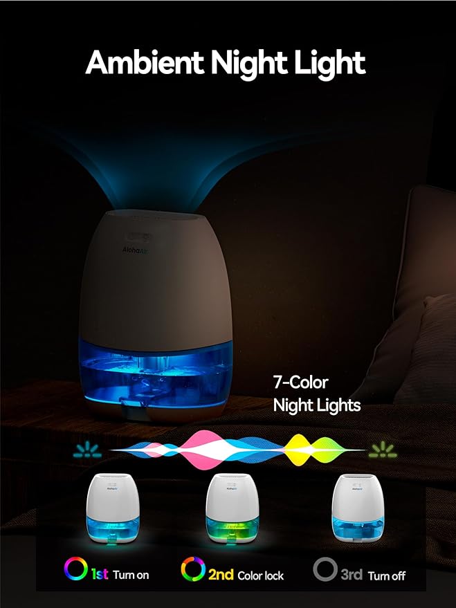 Dehumidifiers for Home, 34 oz Small Dehumidifier for Room, Quiet Dehumidifiers for Bathroom, Bedroom, RV, Closet with Auto Shut Off, 7 Colors Night Light - Image 6