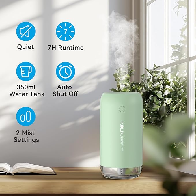 Portable Mini Humidifier, KQLKJ 350ml Small Cool Mist Humidifier, USB Personal Desktop Humidifiers for Bedroom Car Office Travel with Auto Shut-Off & 2 Mist Modes (Green) - Image 2