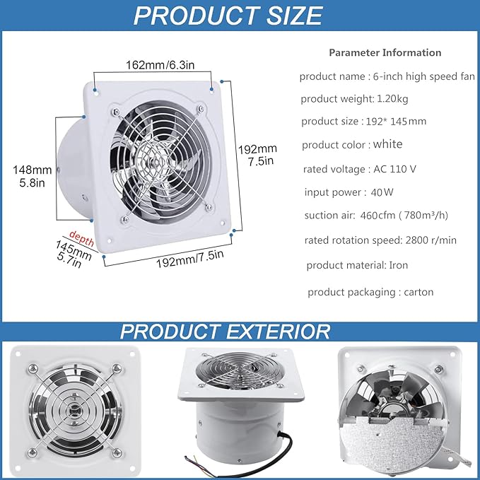 6'' Wall Mounted Exhaust Fan, 460CFM Metal Iron Ventilation Extractor, Silence Anti-backflow Check Valve Window and Wall Mount Vent Fans for Ceiling Kitchen Bathroom Attic Grow Tent Garage - Image 3