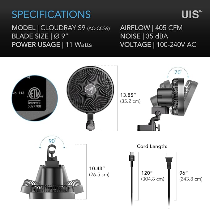 AC Infinity CLOUDRAY S9, Grow Tent Clip Fan 9” with Redesigned Long-Life EC Motor, Custom 10 Dynamic Wind Speeds and 10-Level Oscillation, Weatherproof IP-54, for Hydroponics Circulation Cooling - Image 7