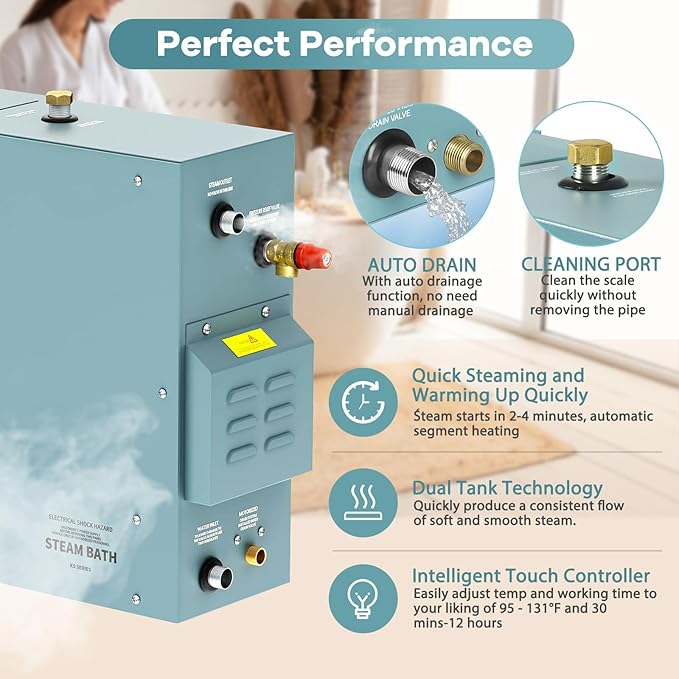 12KW Commercial Self-Draining Steam Generator Shower System Home Steam Bath Spa Generator 30 min to 12 Hours Auto Drain 95-131℉ for Suitable Space Heating 13 m³/460ft³（12KW） - Image 2