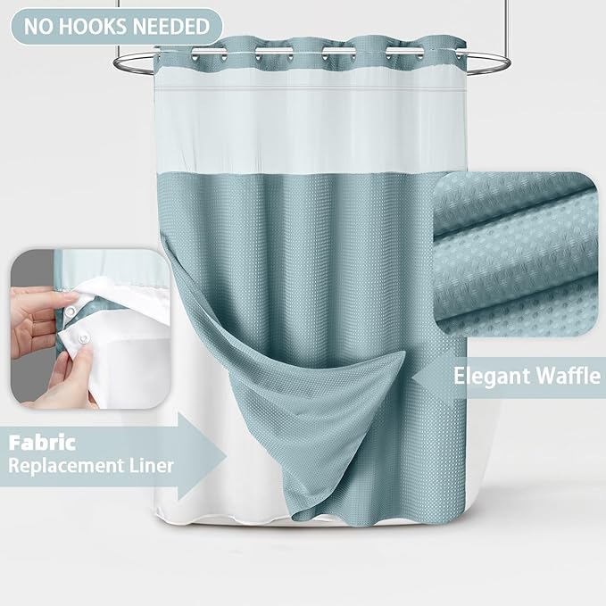 No Hook Shower Curtain and Liner Set,Cyan Hotel Waffle Shower Curtain with Liner 75" L x 72" W - Image 3