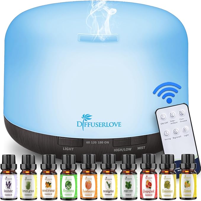 Diffuserlove Essential Oil Diffuser 500ML Aromatherapy Diffuser Mist Humidifiers 7 Color LED Lights Diffusers for Home Office Bedroom (Size:6.7" L x 6.7" W x 4.7" H) by Diffuserlove