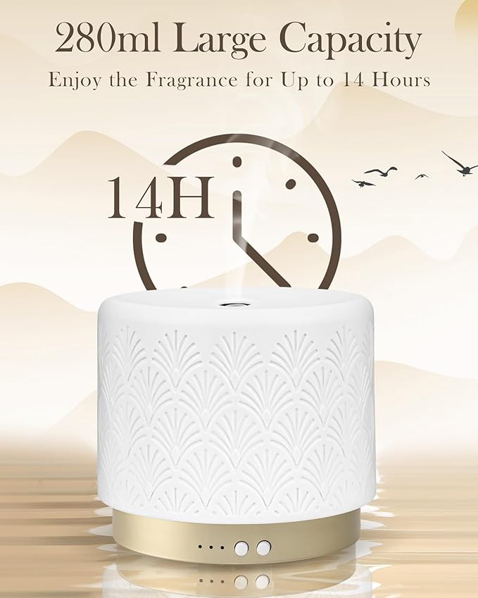 Ceramic Essential Oil Diffuser 280ml- Aromatherapy Diffuser with Ultrasonic Cool Mist Humidifier, Night Light, Timer, Auto Shut-Off, Large Room Aroma Diffuser for Home, Bedroom, Office, Yoga - Image 5