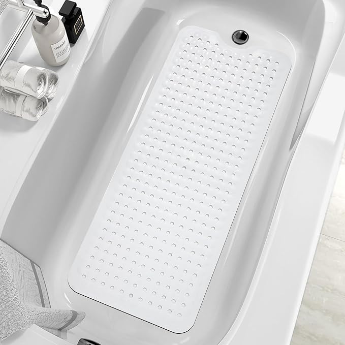 ZHICHENG Bath Tub and Shower Mats, Non-Slip 39 x 16 Inch Extra Long Bath Mat, Machine Washable Bathtub Mat with Drain Holes, Suction Cups for Bathroom (White) by Unknown