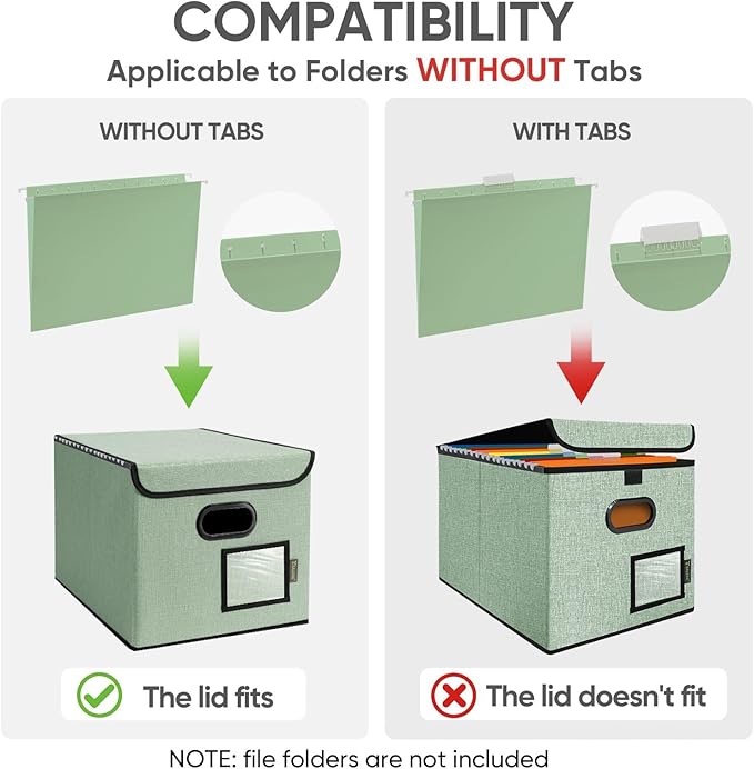 BALEINE File Organizer Box with Lid, Collapsible File Folder Organizer with Plastic Slide, Hanging File Folder Box for Office Document Storage (2 Pack, Green) - Image 5