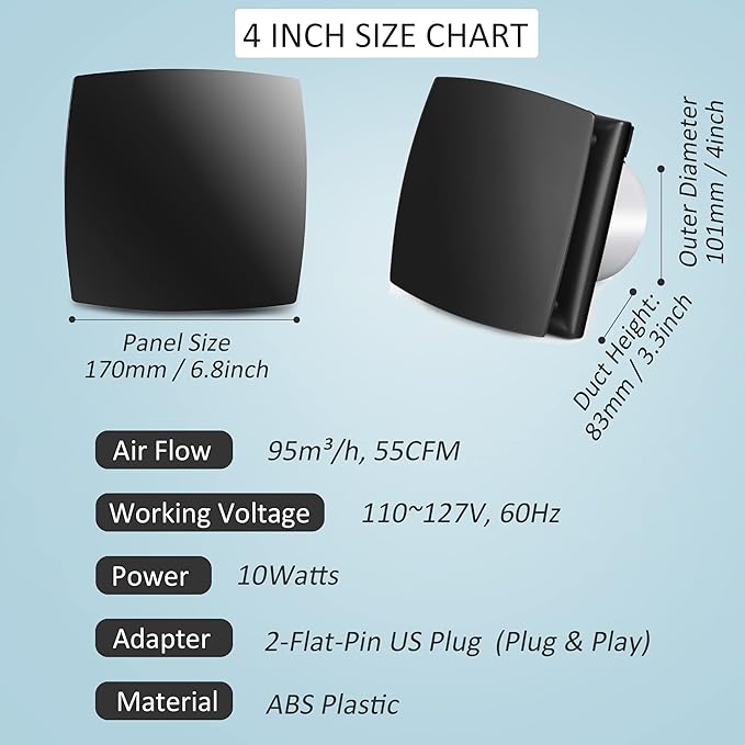 4in Black Bathroom Exhaust Fan for Window, 55CFM IPX4 ABS Plug-in Extractor Fan Attic Fan w/Anti-Backflow Damper for Toilet, Office, Kitchen, Garage (US Cord) - Image 2