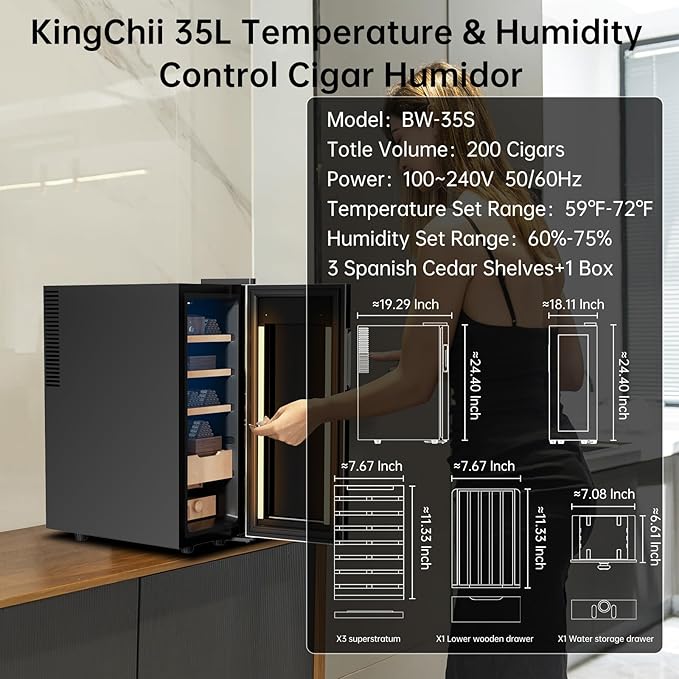 KingChii Upgrade 35L Temperature & Humidity Control Cabinet, Built-in Humidification System with Spanish Cedar Wood Shelves & Drawer Hygrometer Father's Day Gifts For Men - Image 6