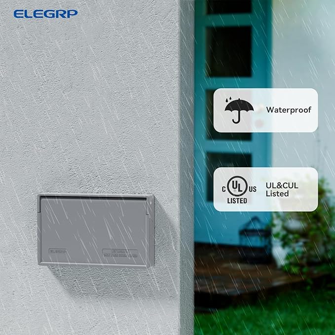 ELEGRP Horizontal Outdoor Cover for Duplex Receptacles, Weatherproof Wall Plate, Outdoor Electrical Outlet Cover, Standard Size 1-Gang 4.77” x 2.97”, Thermoplastic, 6 Pack, Grey - Image 3